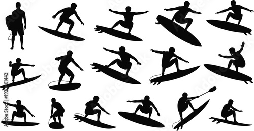 Surfing silhouettes set showing surfers riding waves performing tricks and balance poses isolated black figures for extreme sport illustration vector