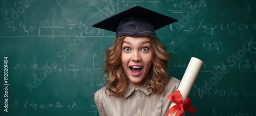 The Graduate Student Celebrating Success with Diploma in Front of Math Chalkboard