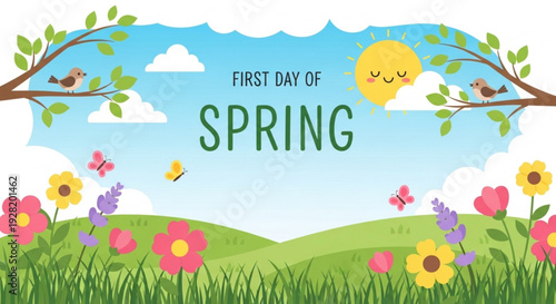 Vibrant spring scene with flowers sunshine and birds on a beautiful first day of spring background