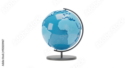 A sleek globe on a metallic stand displaying the earth’s topography and oceans isolated on transparent background