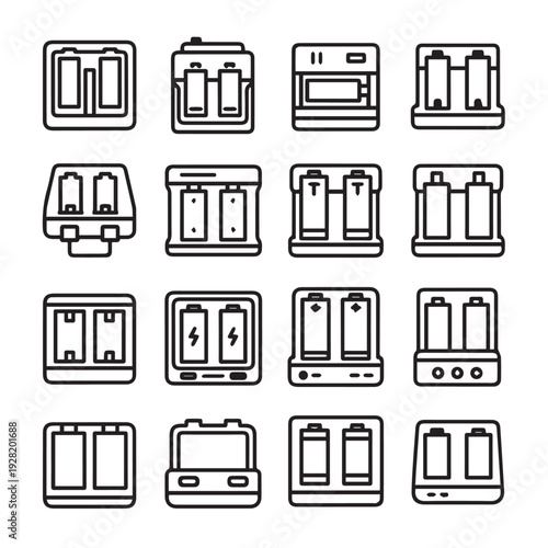 Battery Charger Icons Set Various Designs Clean Outline Style Isolated on White