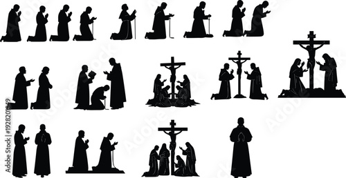 Black silhouettes of monks and priests in prayer kneeling before the holy crucifix and cross representing christianity faith devotion spirituality and catholic religious traditions