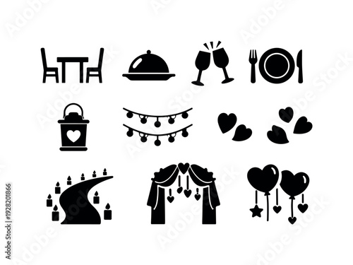 Solid vector icons of romantic proposal setup: table, chair, dinner, wineglass, plate, cloche, lantern, light, petal, pathway,