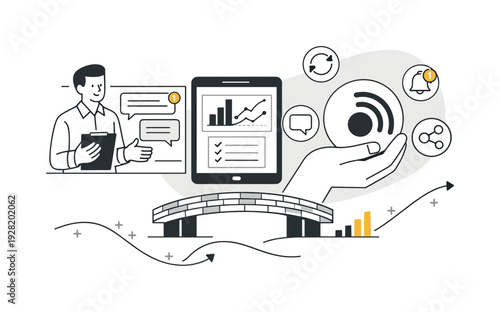 Modern minimal flat vector conceptual collage, crisp hard edges, consistent THIN outline stroke, rounded corners where needed,