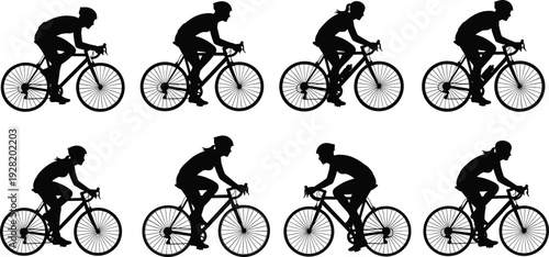 Vector illustration of people riding bicycles in silhouette style, cycling motion design, sports activity icons, transportation concept, fitness exercise graphic art