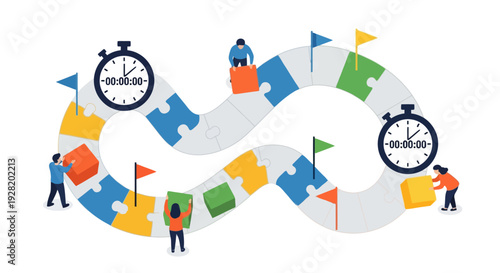 Team members working together on a project timeline with puzzle pieces and clocks