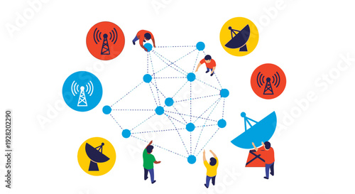 People working together on science and technology projects in a collaborative network environment from a high viewpoint