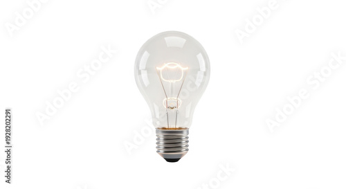 A classic incandescent light bulb glowing softly against a white background isolated on transparent background