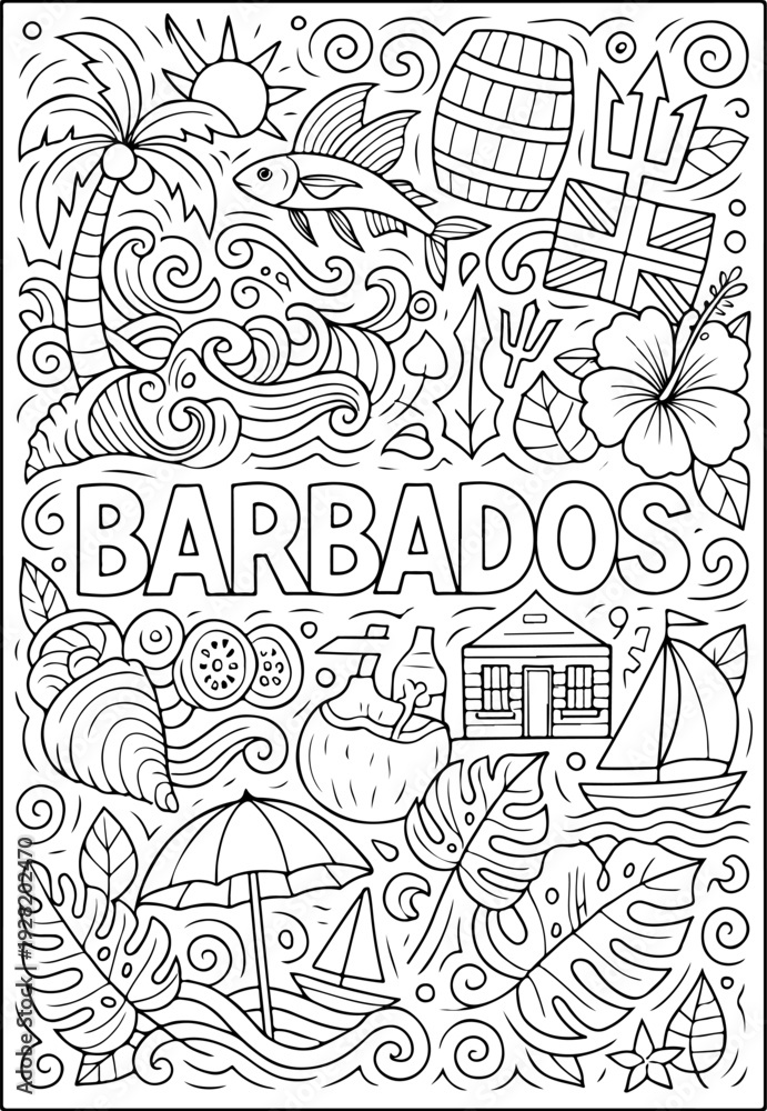 Obraz premium Barbados hand drawn vector illustration doodle art line art coloring page for kids