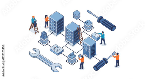 Technicians maintaining interconnected servers and data storage systems in a complex network infrastructure setup