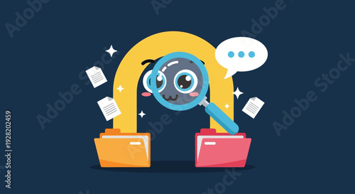 Investigating documents with a magnifying glass between two colorful file folders