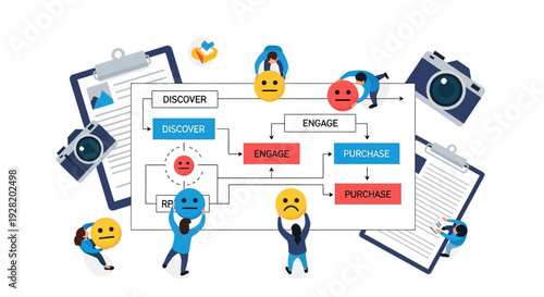 Illustration of people interacting with digital devices and emoticons in a flowchart environment from an aerial viewpoint