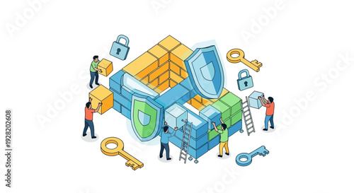 People managing digital security and data protection around large shield and lock icons