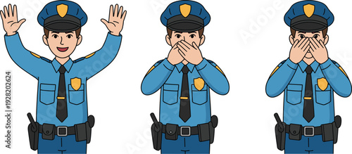 Cartoon police officer covering eyes ears mouth, see hear speak no evil concept, vector illustration isolated