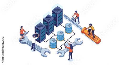 Team of technicians collaborating on database maintenance and server management in a high-tech industrial environment from an isometric viewpoint