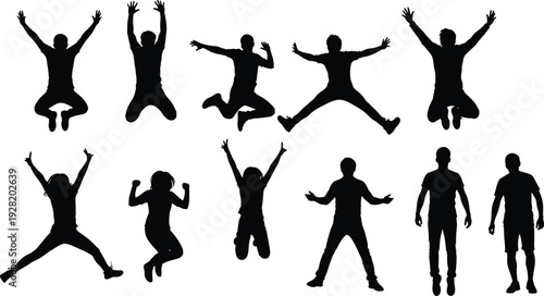 Vector illustration of people silhouettes in jumping and standing poses, dynamic human motion design, energetic activity icons, fitness exercise graphic artwork