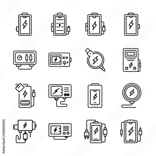 Battery Charging Icons Set: Power Banks Adapters and Devices Charging