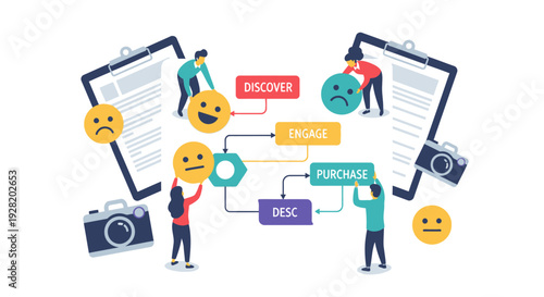 People interacting with digital devices and documents in a modern workspace environment from an overhead viewpoint