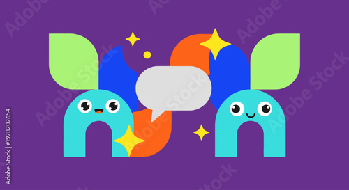 Cartoon creatures communicating with speech bubble and stars surrounding them