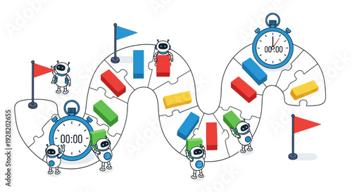 Robot characters navigating a winding obstacle course with clocks and flags, viewed from above in an illustrated scene
