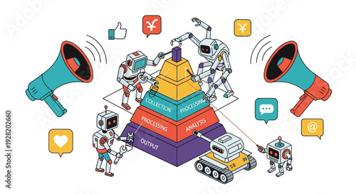 Robots Collaborating on a Project with Megaphones and Social Media Icons Surrounding a Pyramid Structure