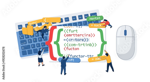Developers collaborating on coding project with keyboard, mouse, and programming symbols