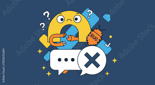 A cartoon character with a puzzled expression surrounded by question marks and speech bubbles, depicting confusion and inquiry