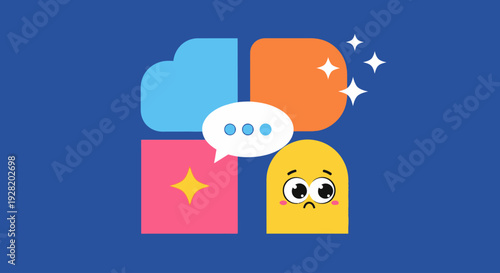 Colorful illustration of cartoon characters and speech bubbles on a blue background representing communication and creativity in a digital environment