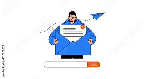 Cartoon man holding a blue envelope with a letter, viewed from front, with a progressbar below, illustrating sending action in a clean white setting