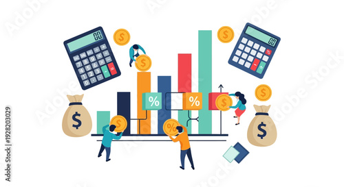 Vibrant illustration of three faceless individuals with calculators, moneybags, graphs and coins on a horizontal bar, seen from a dynamic side view