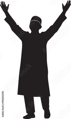 Muslim man with arms raised in prayer silhouette vector illustration