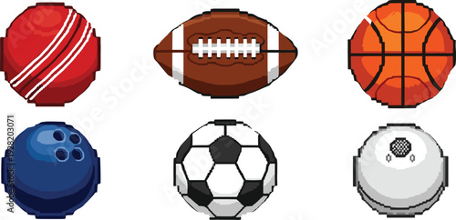 Vector illustration of pixel art sports balls including cricket, football, basketball, bowling, soccer, and lawn bowl equipment icons for design