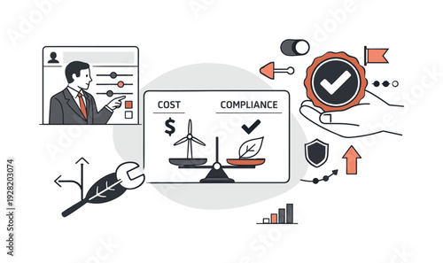 Modern minimal flat vector conceptual collage, crisp hard edges, consistent THIN outline stroke, rounded corners where needed,