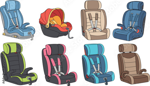 Set of child car safety seat vector illustrations featuring various booster seats infant carriers and convertible restraints for travel and parenting