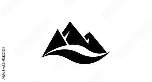Stylized Mountain Range with Flowing Water Symbol.