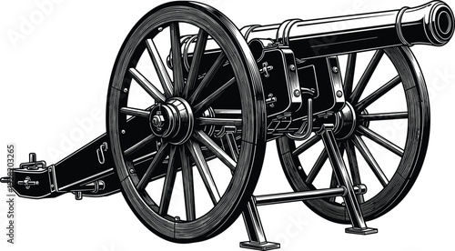 Antique military cannon with wooden wheels detailed engraving isolated on white background vintage artillery vector illustration