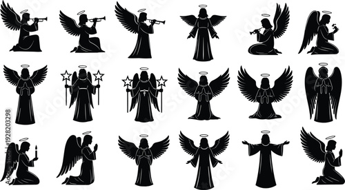 angel silhouette, guardian angel, wings, halo, spiritual, heavenly, prayer, trumpet, religion, faith, christian, sacred, isolated, black, collection, character, divine, vector, illustration, design, 