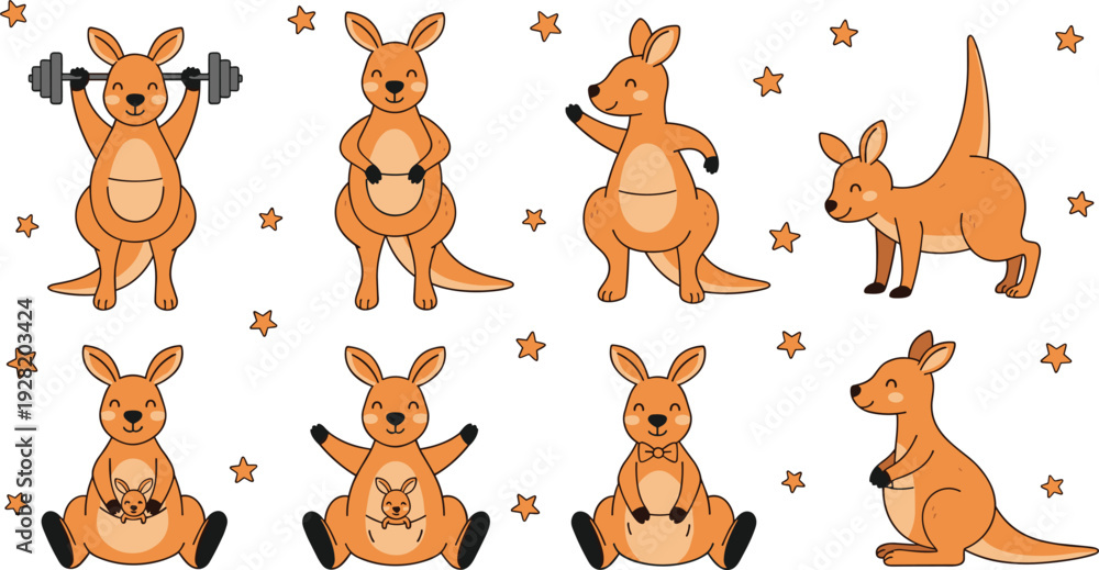 Fototapeta premium Cute Cartoon Kangaroo Collection with Baby Joey, Fitness Exercise and Happy Poses Vector Illustration Set