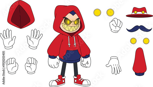 Cartoon villain character set with red hoodie interchangeable hands facial elements and accessories for animation game design illustration vector