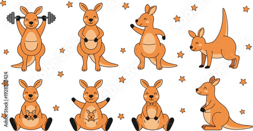 Cute Cartoon Kangaroo Collection with Baby Joey, Fitness Exercise and Happy Poses Vector Illustration Set