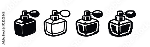 Square Base Perfume Bottle with Atomizer Icon Set in Stylized Forms