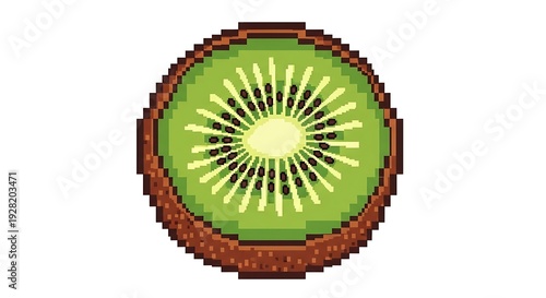 Pixel art kiwi fruit slice with brown fuzzy skin and green interior.
