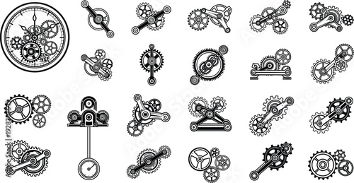 Black line icon collection of mechanical gears clock parts and industrial machinery elements isolated on white background for engineering design.
