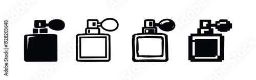 Rectangular Perfume Bottle Icon Set with Atomizer in Multiple Stylized Forms