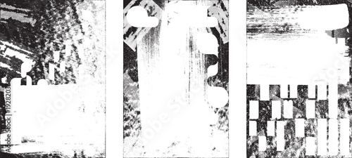 Glitch distorted grungy isolated layers . Design element for brochure, social media, posters, flyers. Overlay texture.Textured banner with Distress effect .Vector halftone dots . Screen print texture
