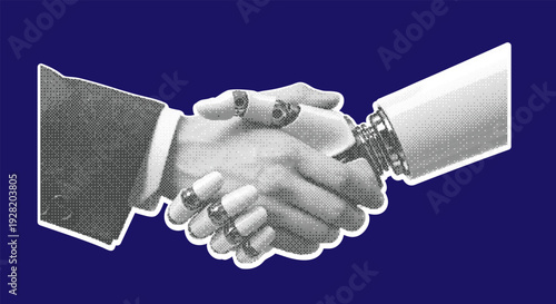 Halftone Human Robot Handshake - AI Partnership Illustration