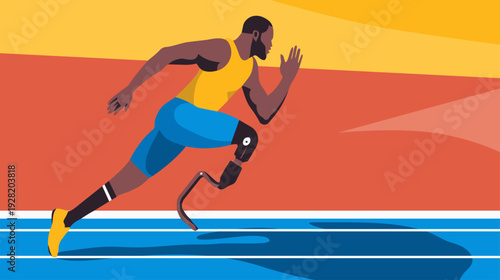 Paralympic Athlete Running With Prosthetic Leg Track Sprint Vector Illustration