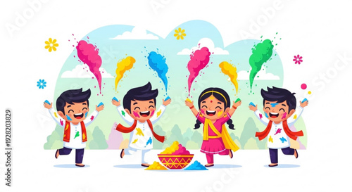 Children celebrating holi festival with colorful powder and vibrant background