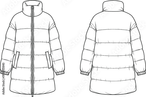 Women Long Puffer Coat Technical Flat Sketch Front and Back View with Quilted Panels Winter Outerwear Template
