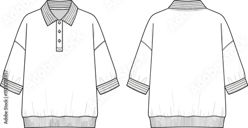 Women Oversized Polo Shirt Technical Flat Sketch Front and Back View with Ribbed Hem Detail Apparel Template